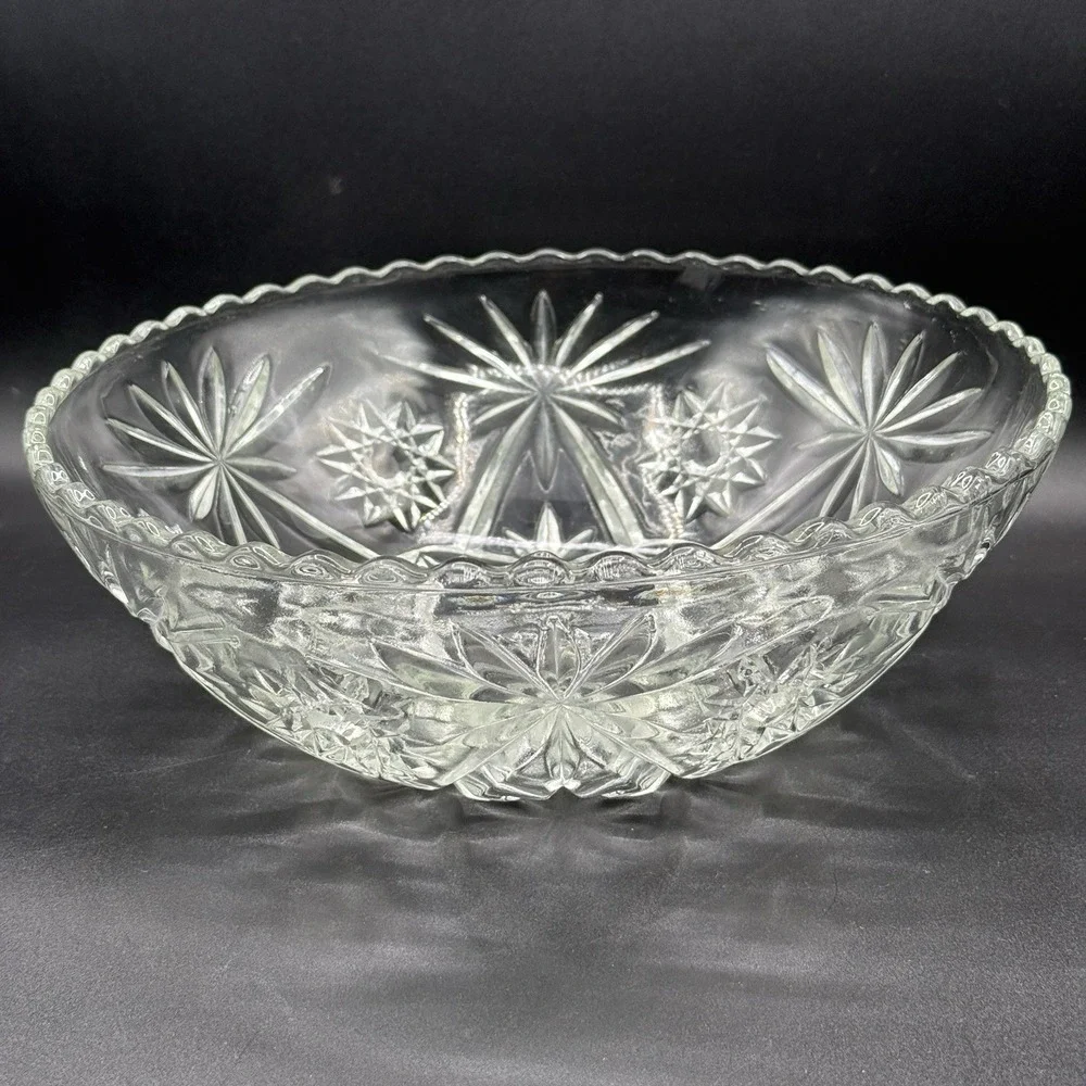Vintage Anchor Hocking Clear Cut Glass‎ Large Serving Fruit Bowl Star Of David